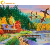 chenistory oil painting by numbers handmade canvas painting forest cabin number painting adult crafts wall art drawing by number