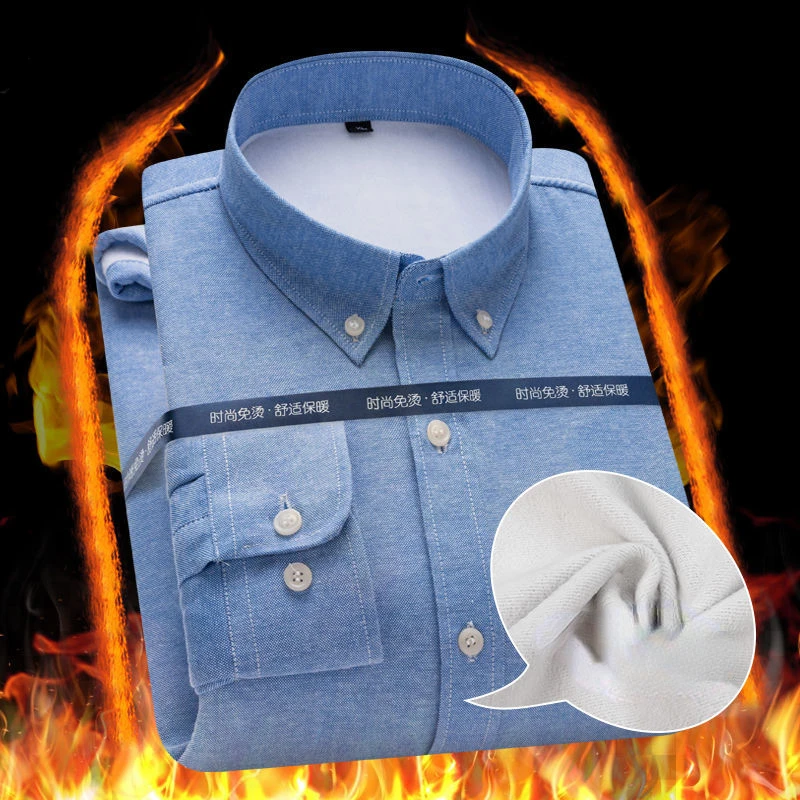Autumn and Winter Men's Plush Warm Shirt Oxford Textile Flocking Cold Proof Embroidery Thickened Long Sleeved Shirt