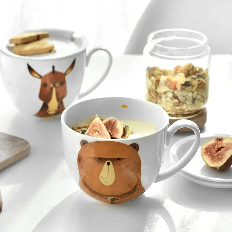 

600ml Creative Bone China Mug Animal Cover and Spoon Special Slotted Cup Breakfast bowl Mug Home Office Fancy Gift Tea Drinker