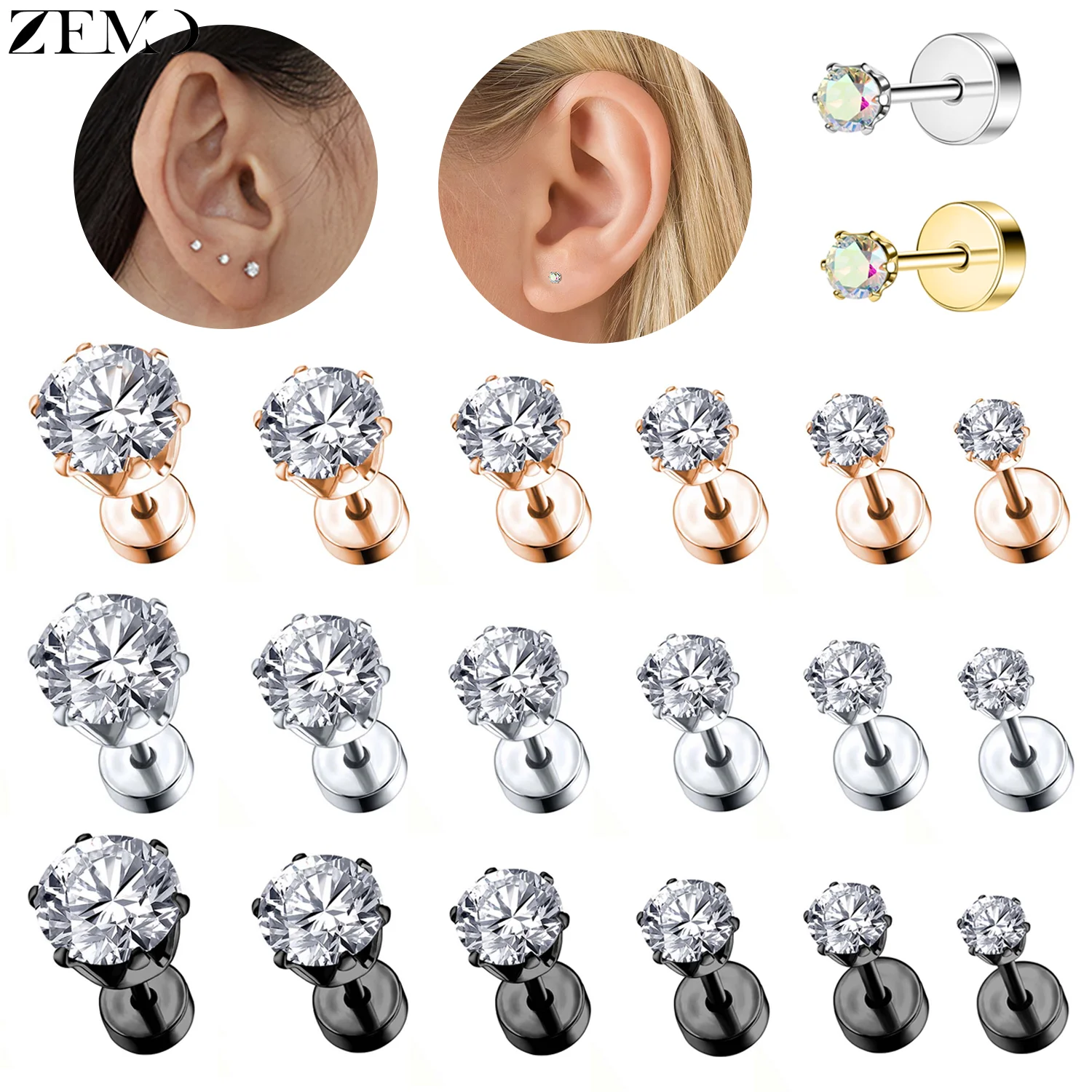 ZEMO 1 шт. 20 г серьги-гвоздики из нержавеющей стали 3/4/5/6/7/8 мм с цирконом черный