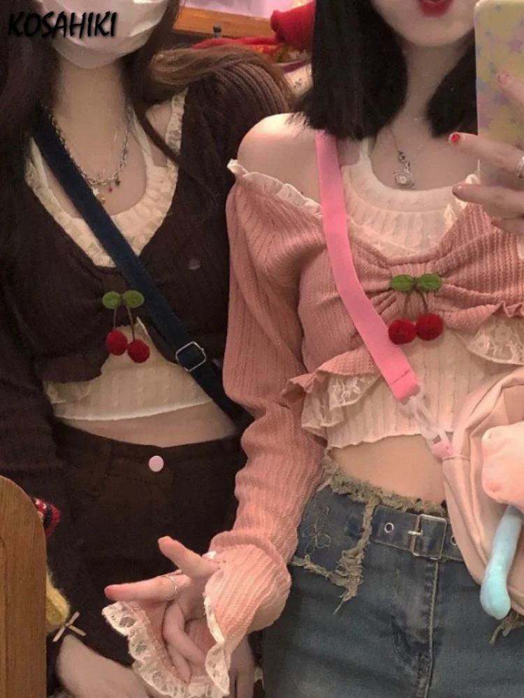 

Two Piecesi Set Y2k Aesthetic 2023 Spring Japanese Kawaii Lace Patchwork Short Knitted Cardigan + Halter Fashion Basic Tank Top