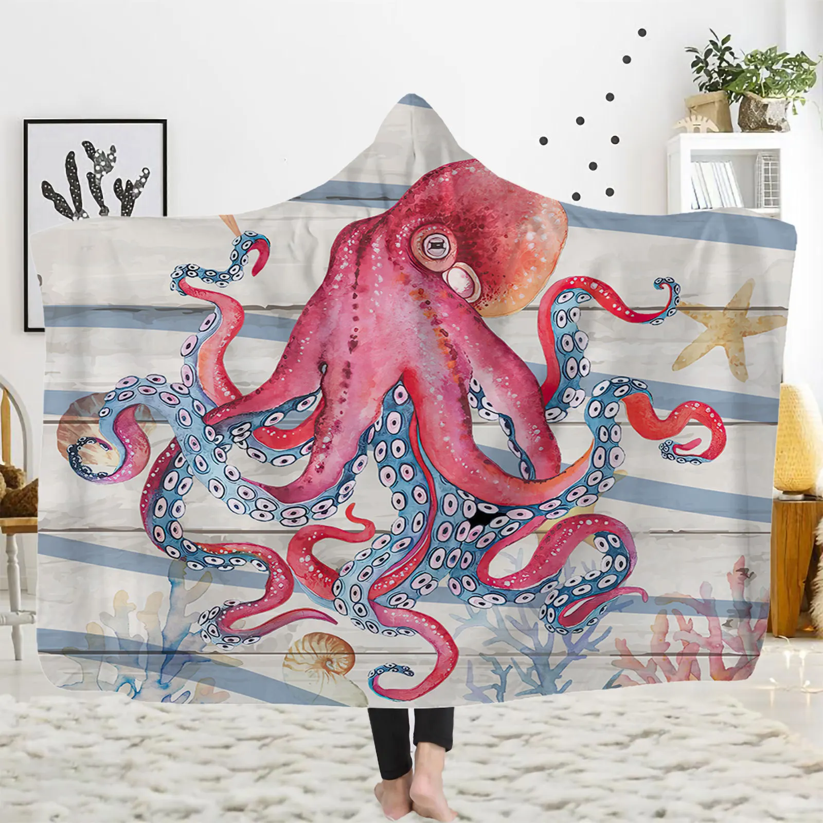 

Marine Organism Wearable Throw Blanket with Hooded for Children Adults Soft Octopus Sea Turtle Whale Crab Blanket for All Season