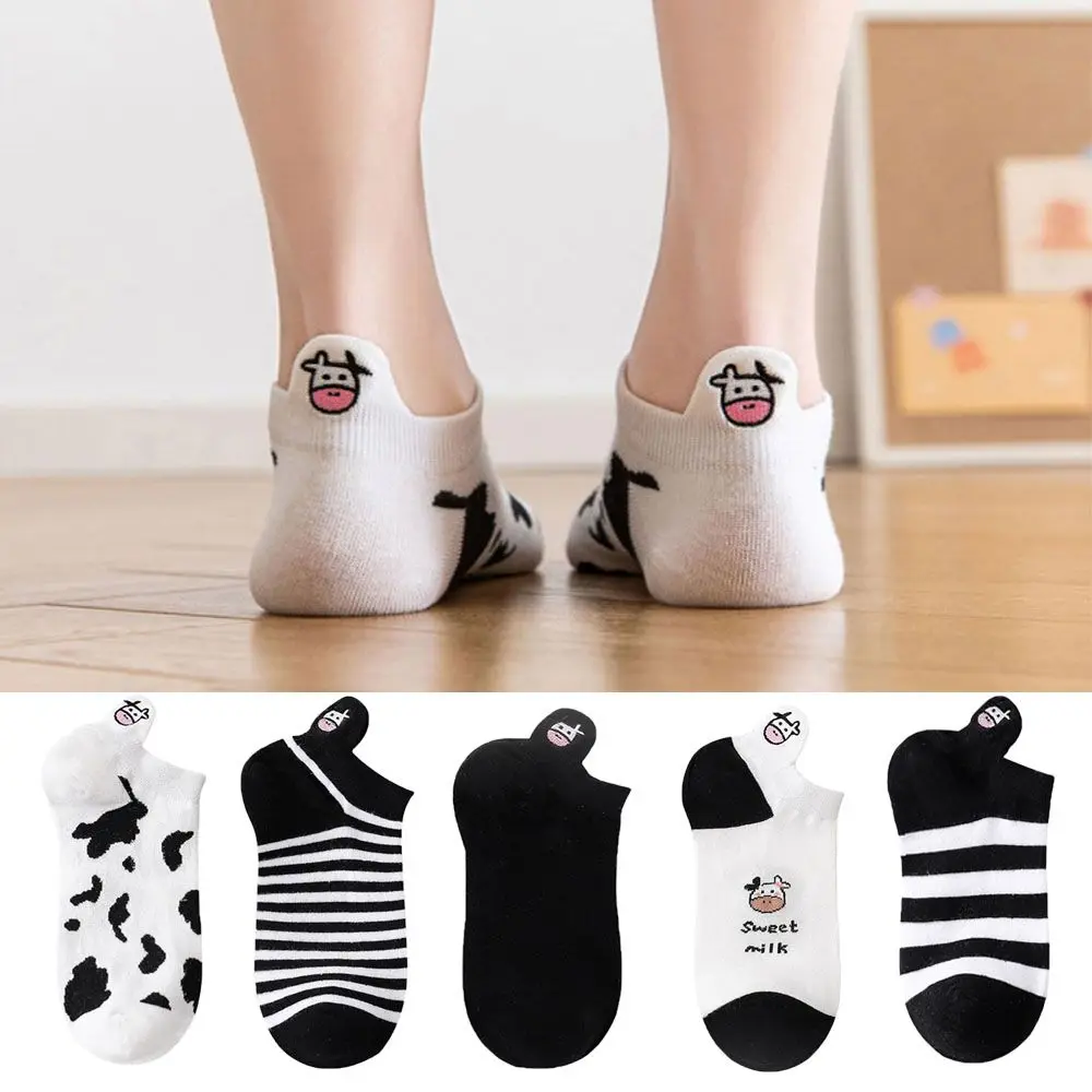 

New Fashion Cotton Spring Summer Black White Cute Cartoon Women's Socks Striped Cow Socks Ankle Short Socks Boat Socks