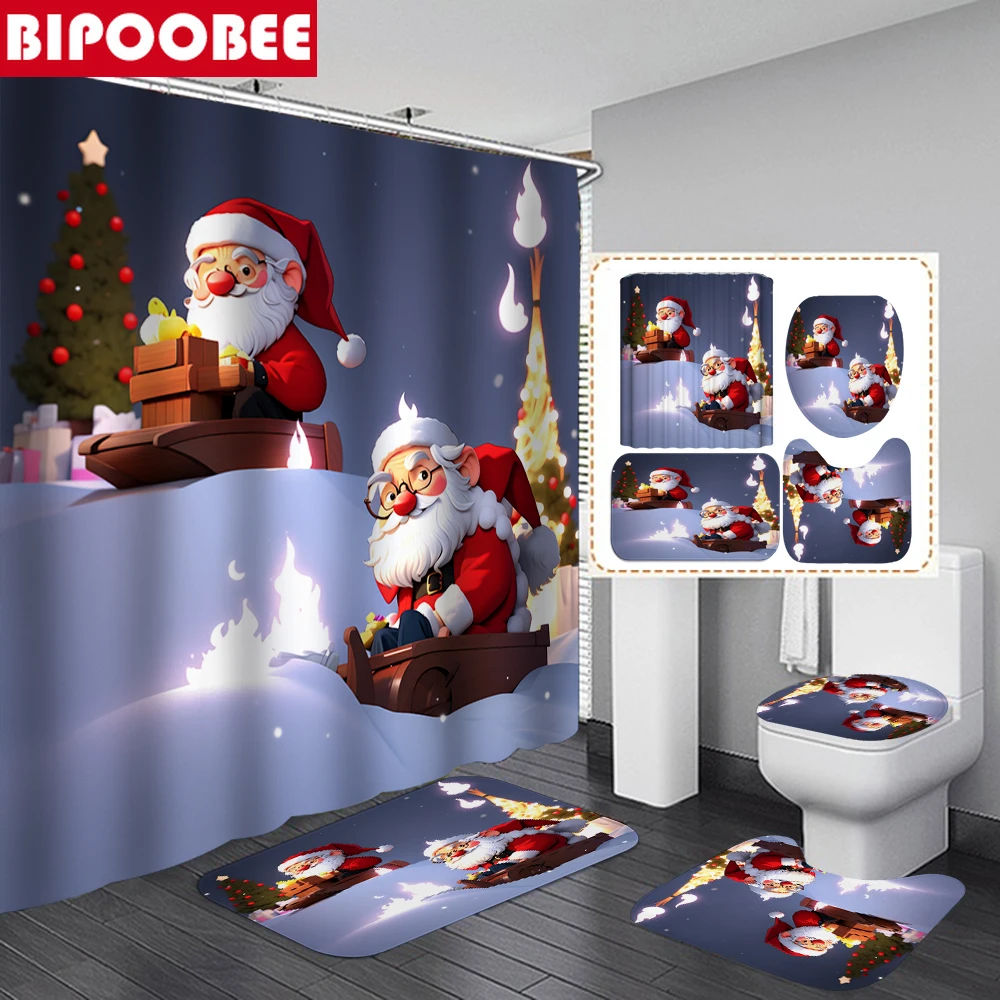 Ing Shower Curtains Bathroom Set Merry Christmas Bath Mats Non-slip Carpet Toilet Lid Cover Bathtub Curtain