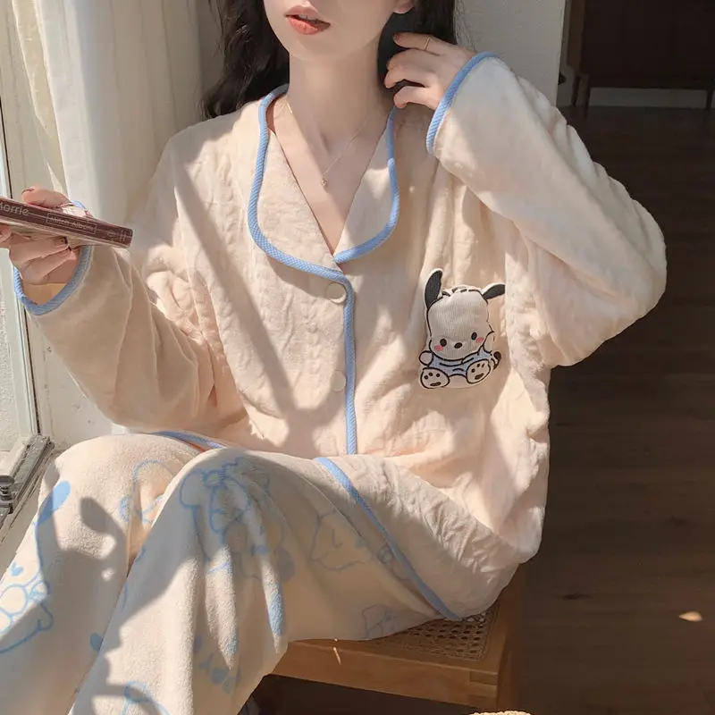 Фланелевая пижама Sanrios Pochacco в стиле аниме Kawaii Cinnamoroll женская осенне-зимняя милая