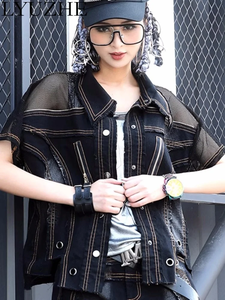 

LYUZHE Patchwork Individualized Unique Thin Coat Women 2023 Summer New Short Sleeve Top Dark Black Female Wear ZXF171A