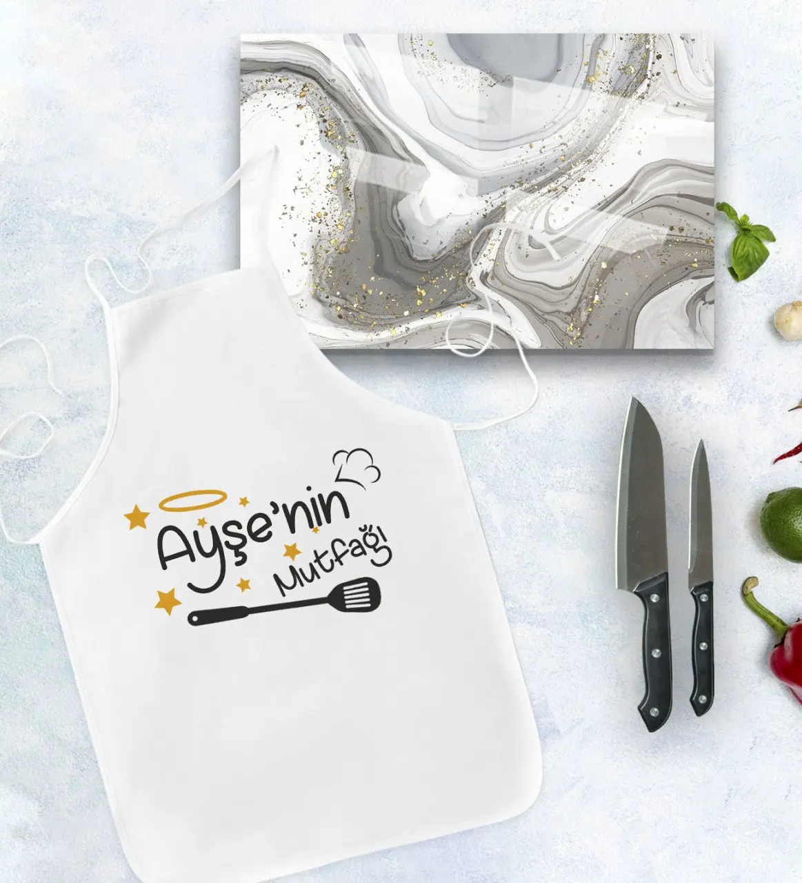 

Personalized kitchen apron and glass cutting tray gift set Model 30