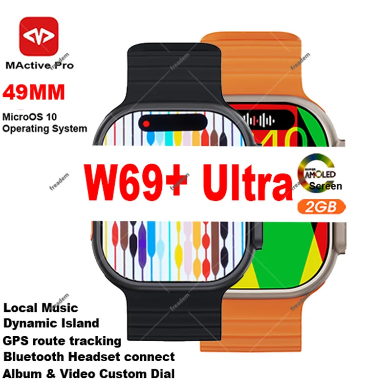 

Original Amoled Screen W69 Plus Ultra Smart Watch Men 49mm BT Call Local Music IP68 Waterproof W69plus W69+ Ultra Smart Watch