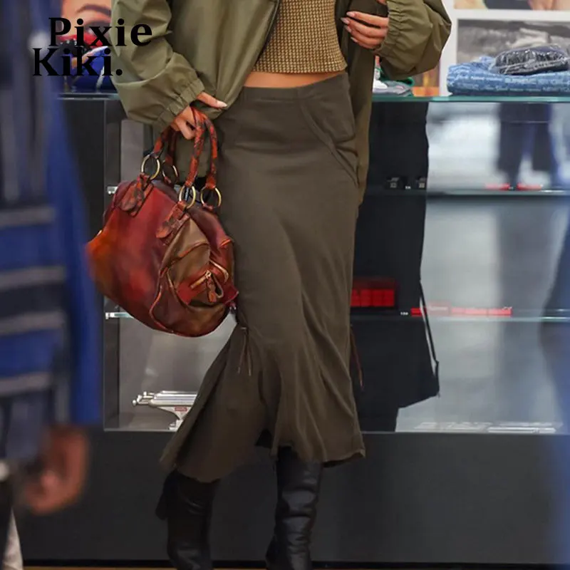 

PixieKiki Y2k Retro Low Waist Long Skirts Strappy Irregular Brown Skirt Streetwear Women Fashion Bottoms P77-EZ39