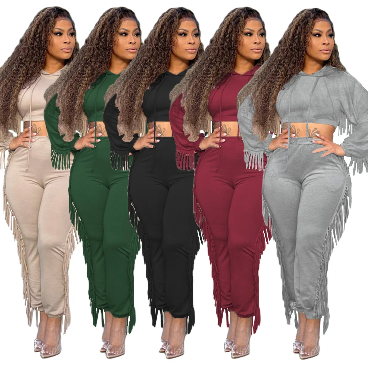 

Casual Two Piece Women Pants Set Fall Winter New Fashion Fringe Tracksuit Outfits Solid Hooded Short Tops And Pants Matching Set