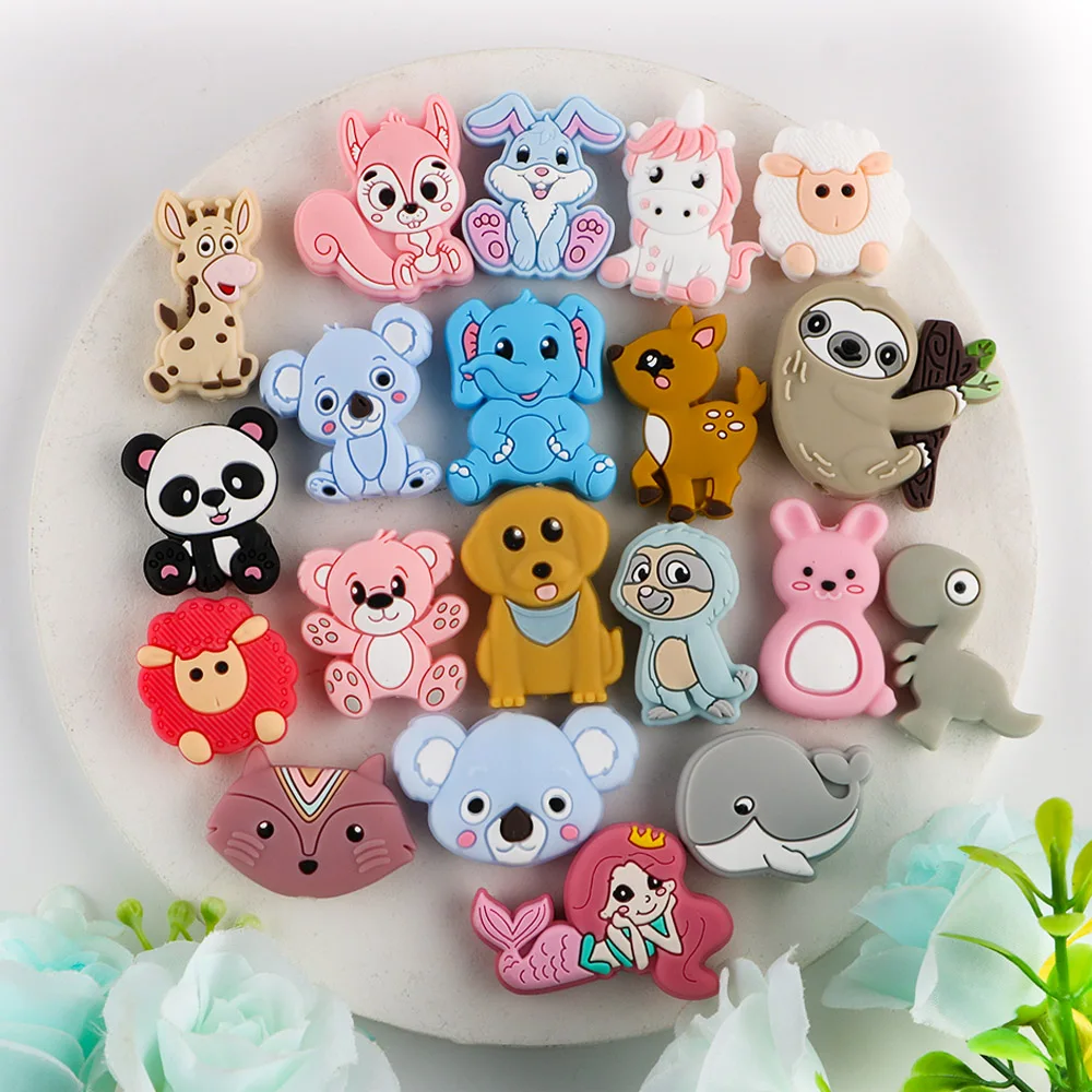 

10Pcs Baby Silicone Beads Food Grade Silicone Teether Chewing Beads Cartoon Animal DIY Baby Pacifier Chain Toy