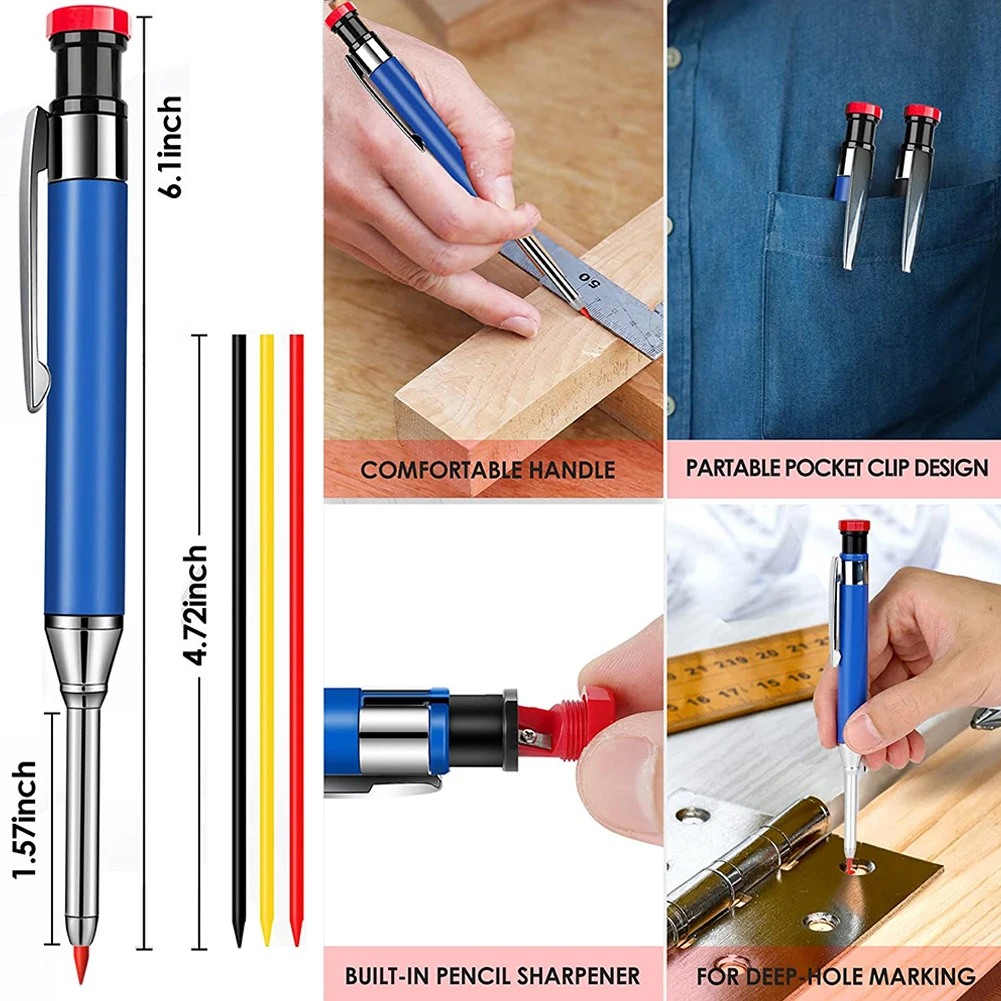 

Твердый плотничный карандаш со сменным свинцом, встроенная точилка для глубоких отверстий, механический карандаш для насадок, инструмент для маркировки и деревообработки