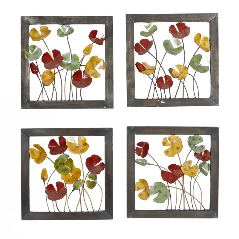 

Multi Colored Metal Floral Wall Decor with Black Frame (4 Count)