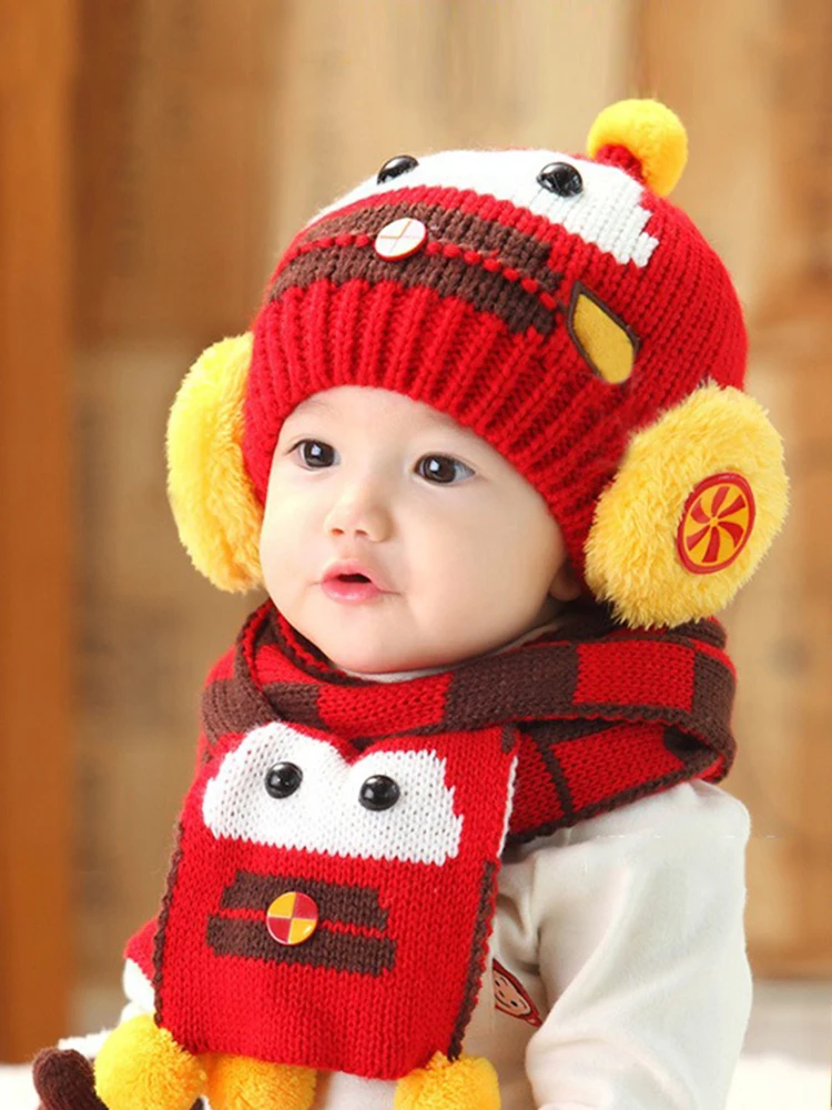 

2 Piece 0-4 Years Old Winter Lovely Children Cartoon Hat Kids Caps Warm Cute Baby Girls Boys Thicken Scarf Warm Knitted Neck Set