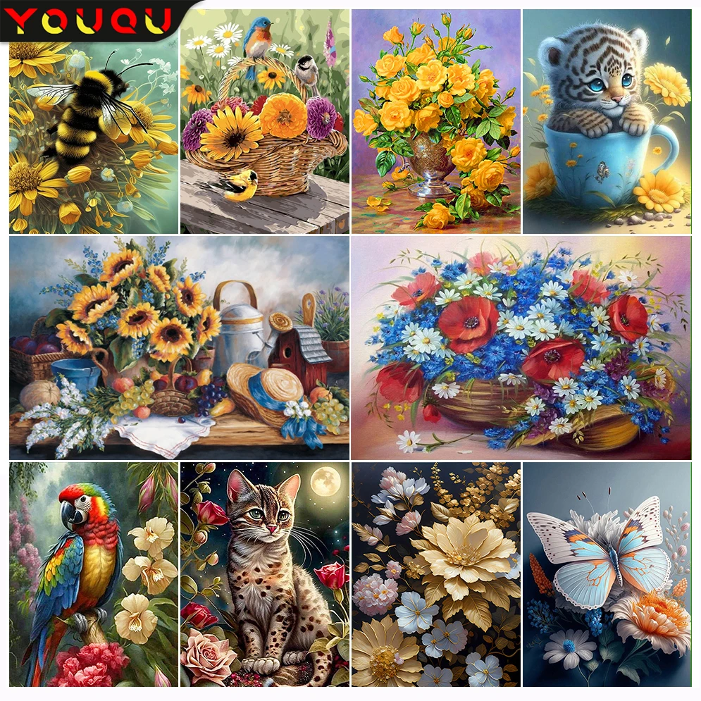 

YOUQU Diamond Painting Flower Picture DIY Mosaic Decoration 5D Animal Diamond Embroidery Cross Stitch Handicraft Home Furnishing