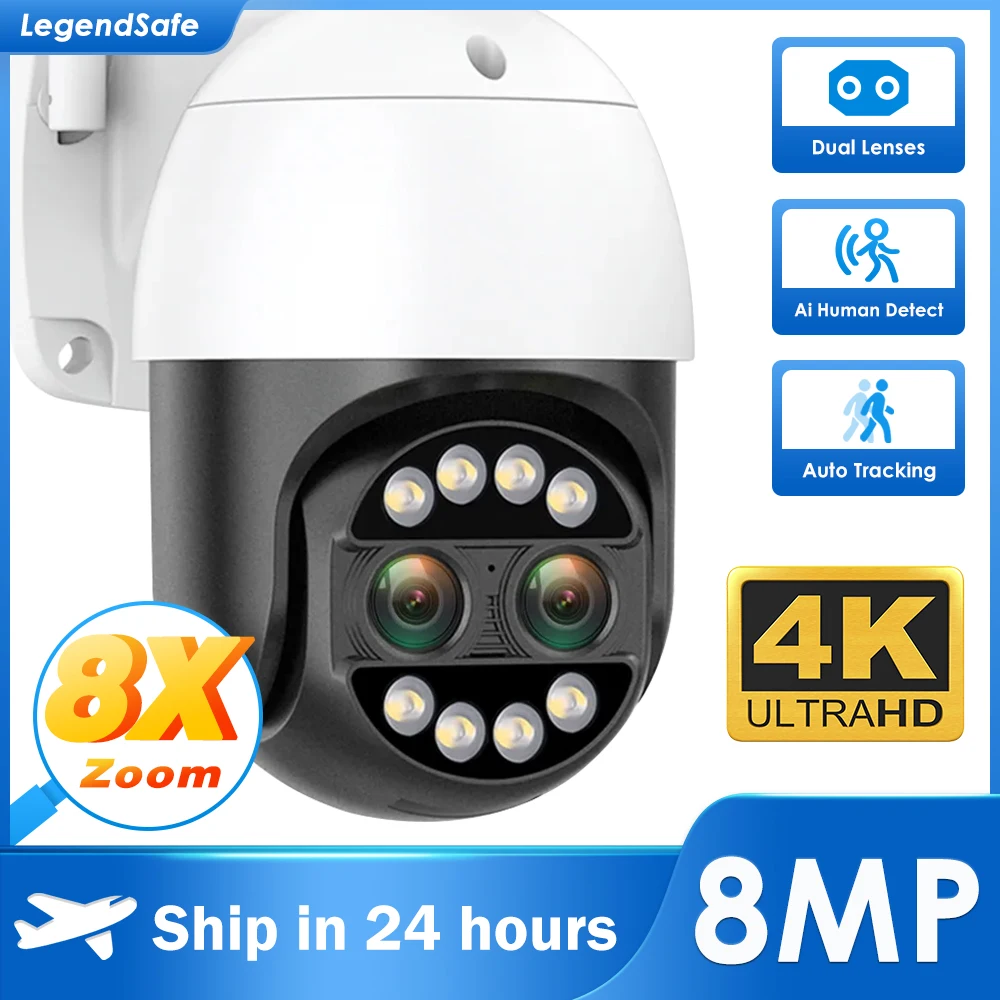 

4K 8MP Ai Human Detect Security Camera Outdoor WiFi PTZ Dual Lens 4MP ICsee Alexa HD Surveillance CCTV IP Camera P2P IP66