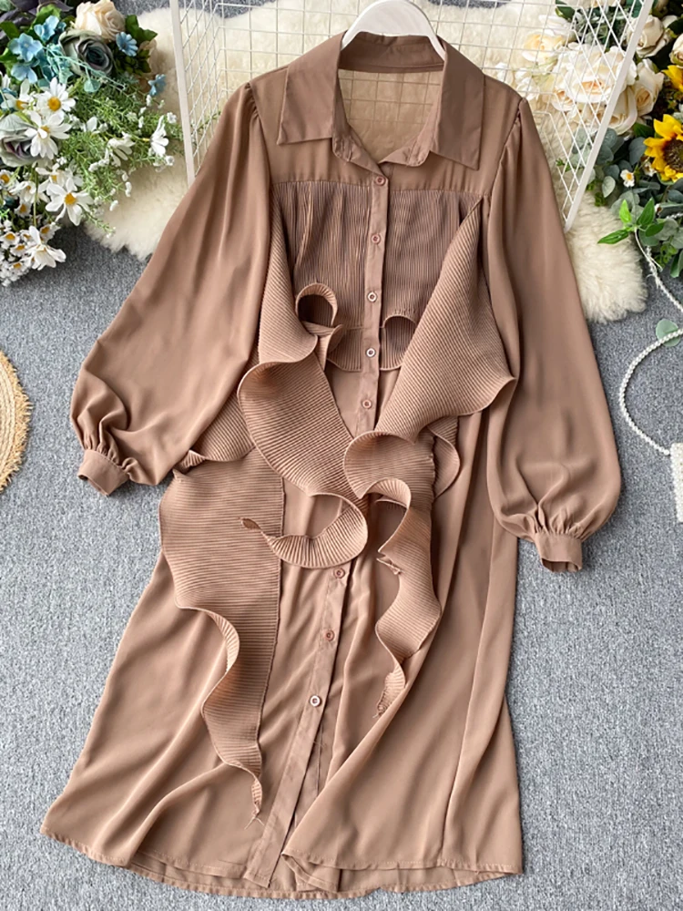 

Autumn Women Irregular Draped Ruffle Chiffon Dress Vintage Black/White/Yellow/Blue Turn-Down Collar Single Breasted Loose Robe