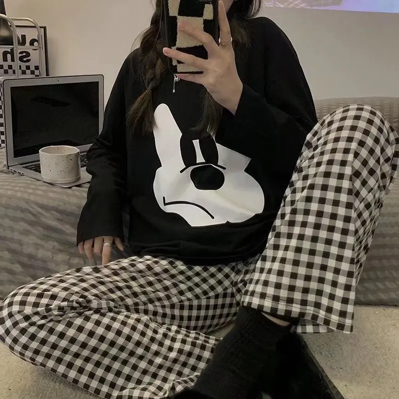 Disney Angry Mickey Mouse Sleepwear 2 Pieces Sets Womens Outfits Spring 2022 Long Sleeve Black Blouse and Plaid Pants Home Suit