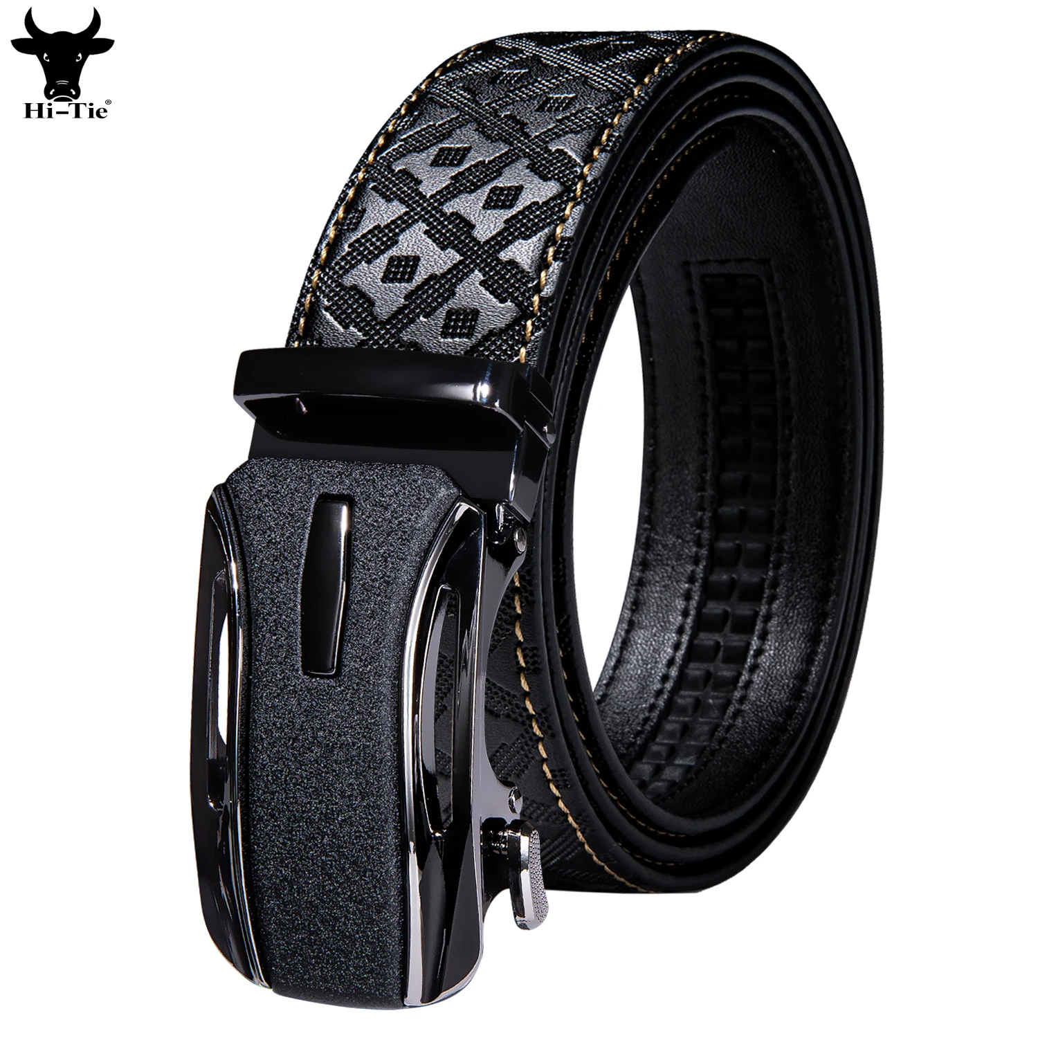 Designer Mens Belts Black Leather Emboss Ratchet Strap Automatic Buckle Sliding Waistband Dress Jeans Belt for Men Casual Formal