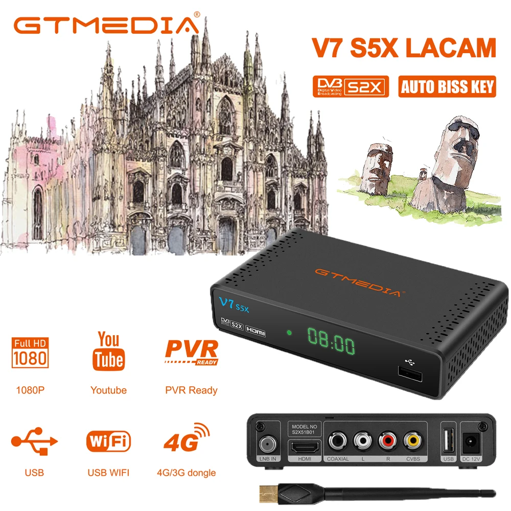 

GTMEDIA V7 S5X LACAM Satellite Receiver，DVB-S/S2/S2X, H .265(8bit), AVS+,CCM, ACM, VCM,multi-stream/T2-MI Support BISS auto roll