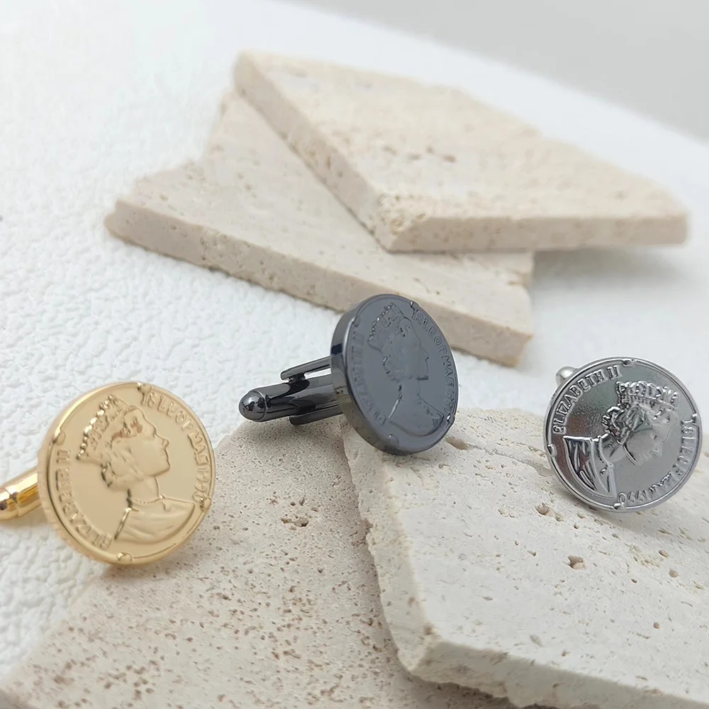 

Fashion ELIZABETH II Head Cufflinks for Men Women Shirt Button Clasp Buckle Stainless Steel Holiday Gift Wedding Set