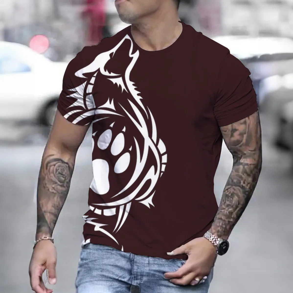

Trendy Men's T-Shirt Coyote Paw Pattern T-Shirt Oversized Round Neck Short Sleeve Tops T-Shirt Men's Casual Fashion Clothing