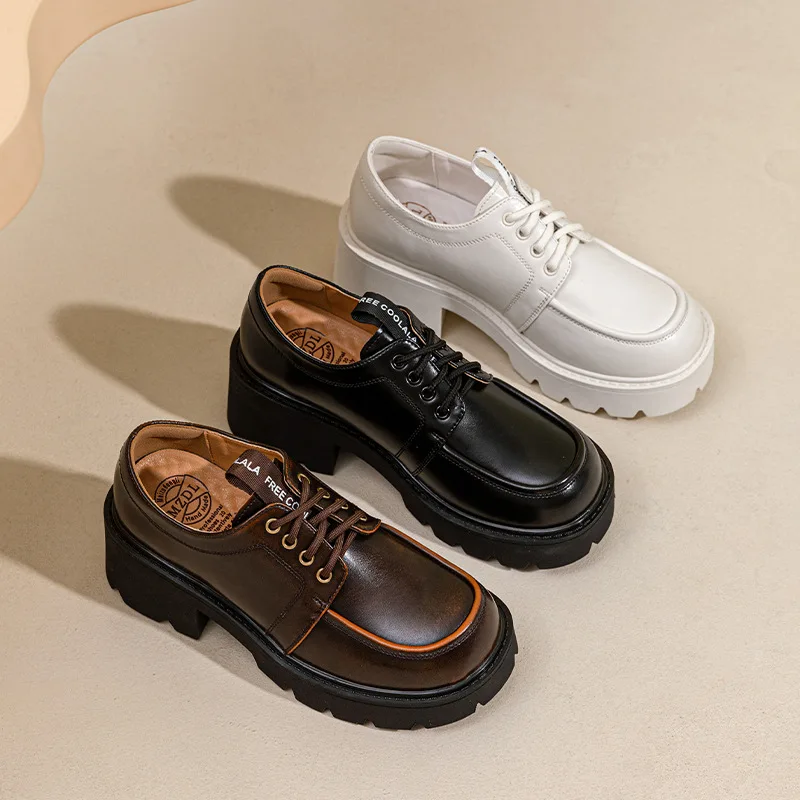 2023 New Women's Oxford Shoes Lace Up Loafers Retro Style Split Leather Material Chunky Platform Round Toe Handmade Shoes