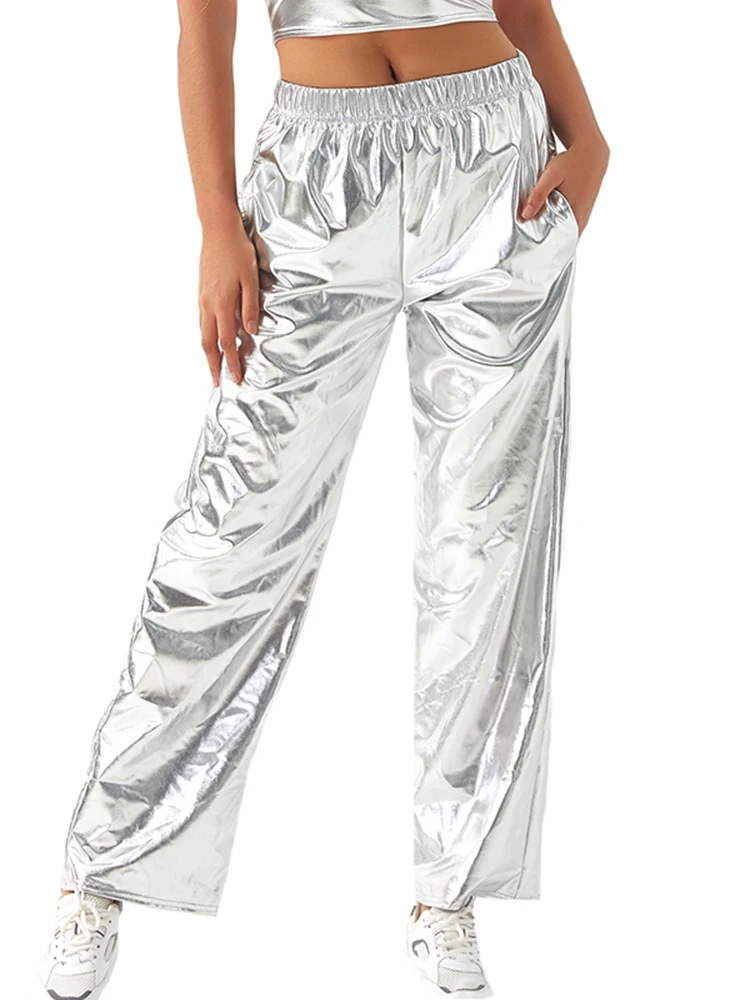 Спортивные штаны для вечевечерние, ночного клуба, хип-хопа, металлик, золотистого/серебристого цвета, эластичные, летние