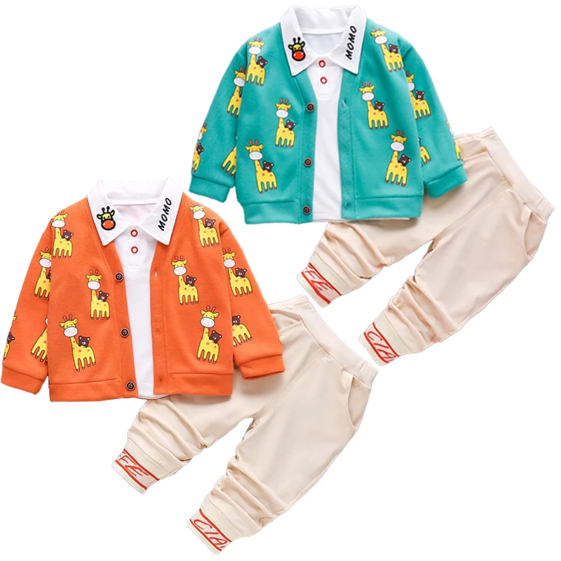 

Spring Autumn Children's Suit Giraffe Cardigan Letter Long Sleeve Shirt Casual Trousers Boys Cartoon 3Pcs Clothes Set for 1-5T