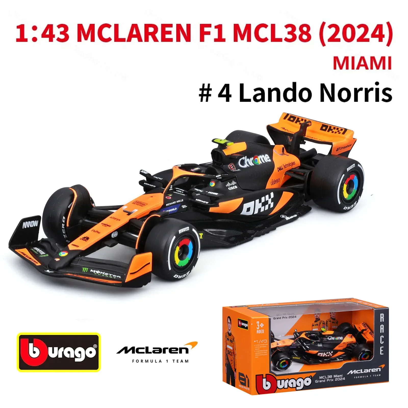 BBURAGO 1/43 McLaren MCL38 – F1 Season Car 2024 (L. Norris) Modello 38215N/4