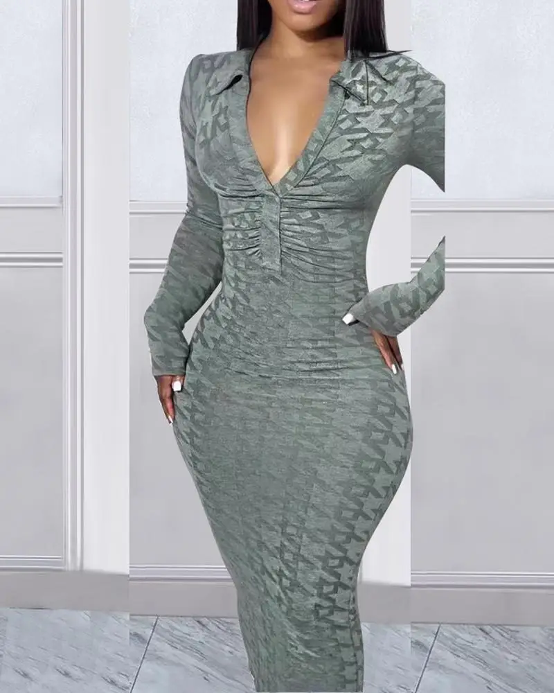 

Autumn Women Houndstooth Print Bodycon Dress Fashion Casual Long Sleeve Turn Down Collar V Neck Slim Fit Corset Long Dress