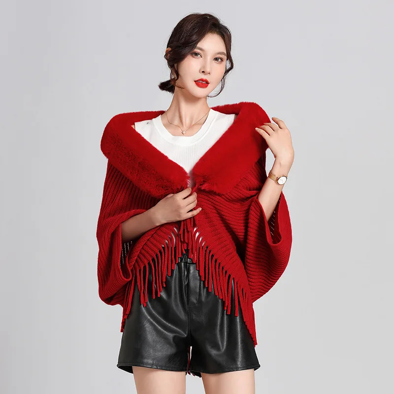 Loose wool-like collar tassel knitted cardigan shawl woman