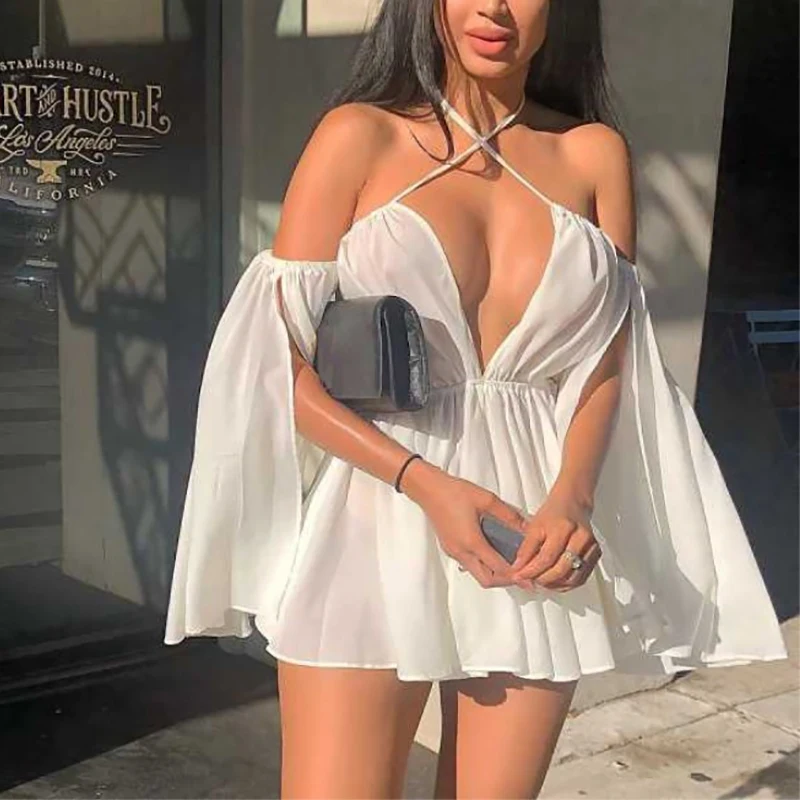 

Slash Neck Women's Summer Dress Tube Top Casual Outer Wear High Waist Beach Mini Dresses Open Sleeve Solid Sexy Woman Clothes