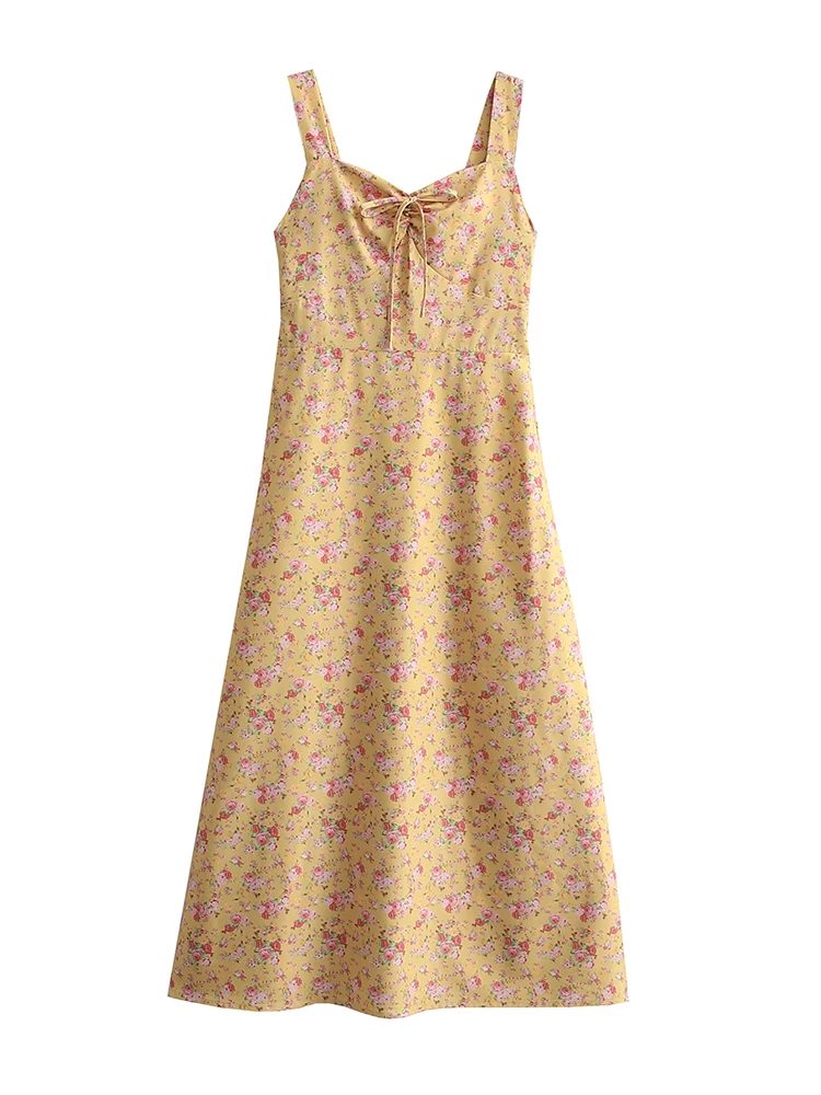 

Summer Tank Camisole Midi Yellow Dress Women Sleeveless Shirring V-neck Floral Print Backless Elastic Dresses 2022