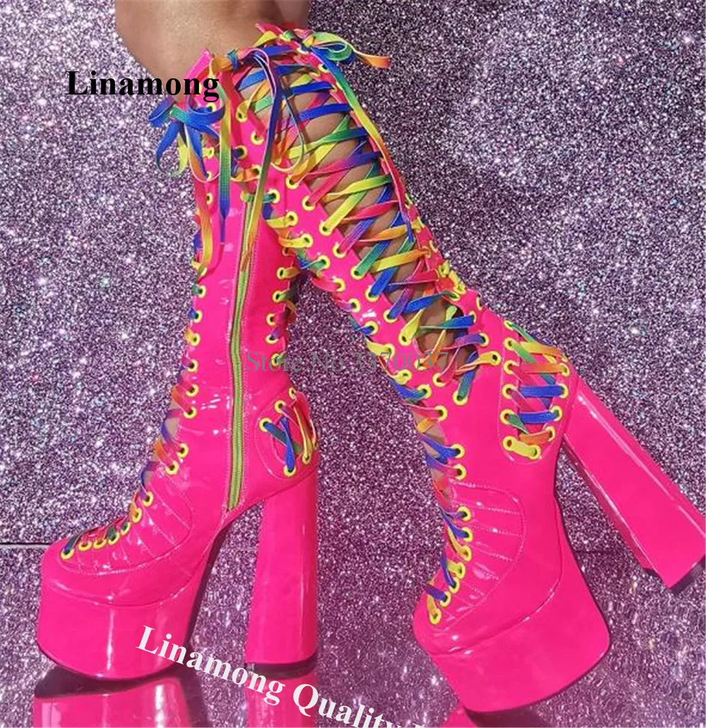 Купи Sexy Pink High Platform Chunky Heel Boots Linamong Newest Round Toe Cut-out Colorful Straps-up High Platform Knee High Boots за 6,089 рублей в магазине AliExpress