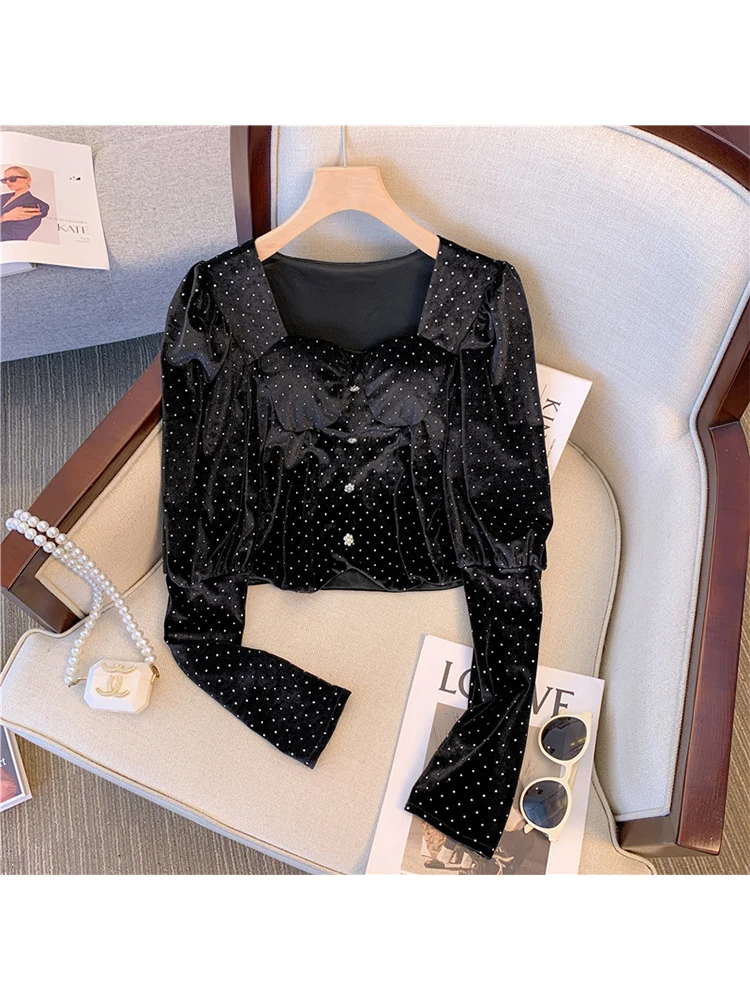 

Women's Black Gothic Dot Shirts and Blouses 90s Y2k Vintage Korean Harajuku 2000s Elegant Long Sleeve Shirt Top Clothes Autumn