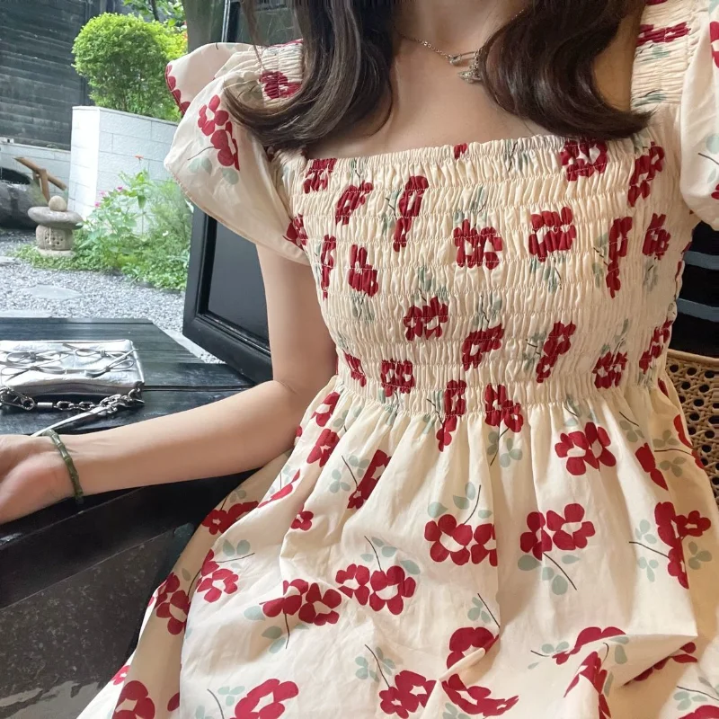 

Summer Pleated Chiffon Dresses for Women Casual Beach Holiday Short Sleeve Square Collar Woman Midi Dress Mujer Vestidos Q05