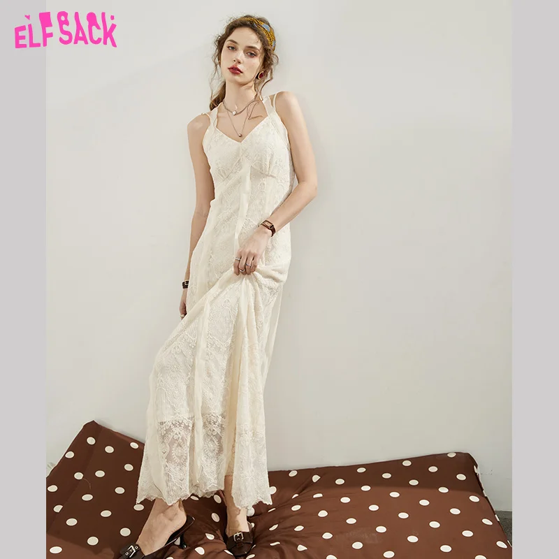 

ELFSACK White Lace Slip Dresses Women 2023 Spring French Waist Elegant Dress
