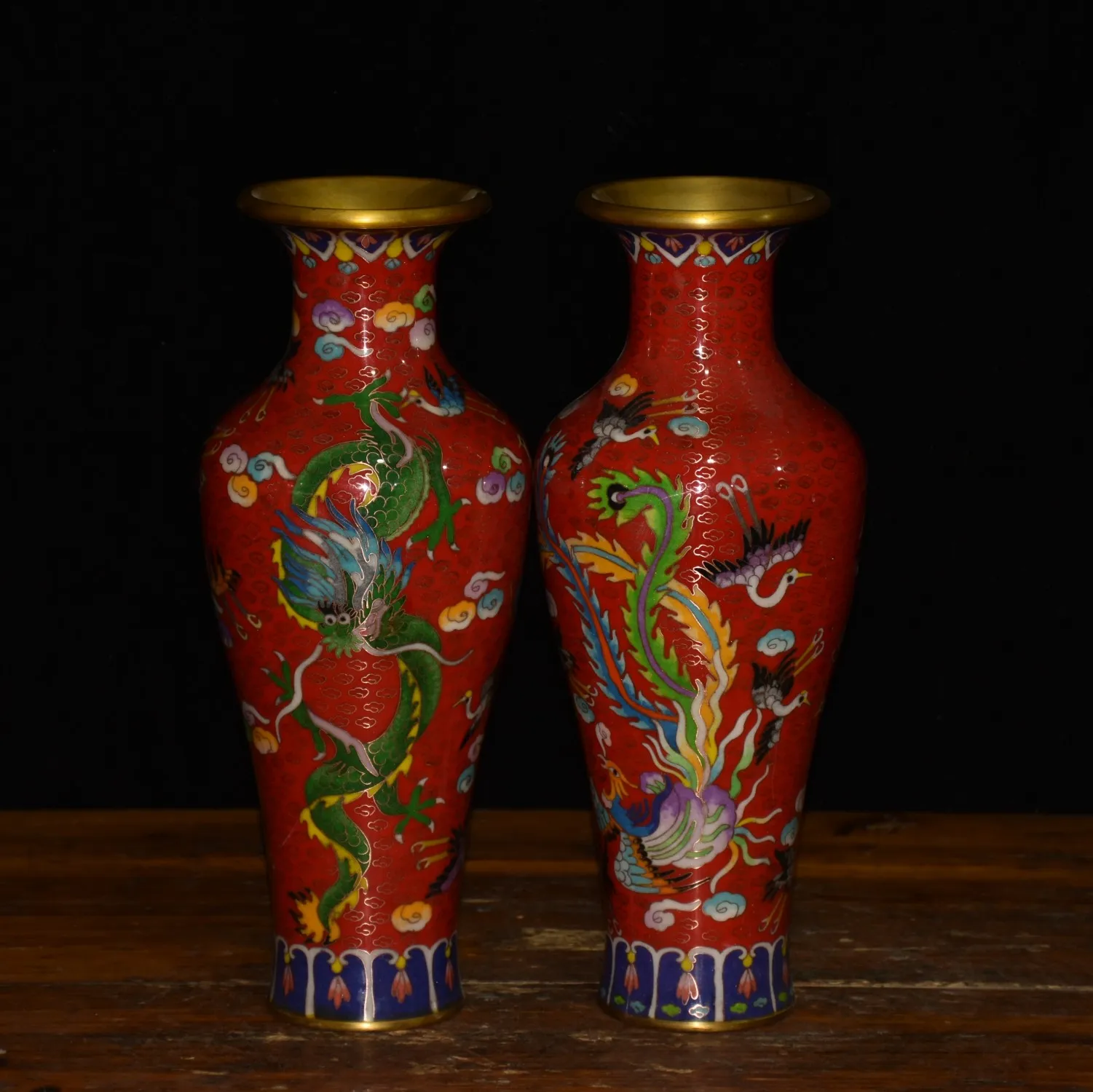 

16"Tibet Temple Collection Old Bronze Cloisonne Enamel Dragon and phoenix texture flower Vase A pair Amass wealth Town house