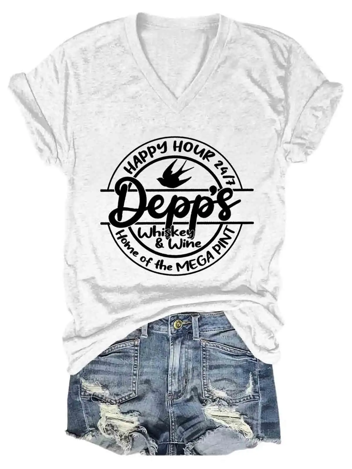 Women's Happy House 24 7 Depps Whiskey And Wine Home Of The Mega Pint V-Neck T-Shirt