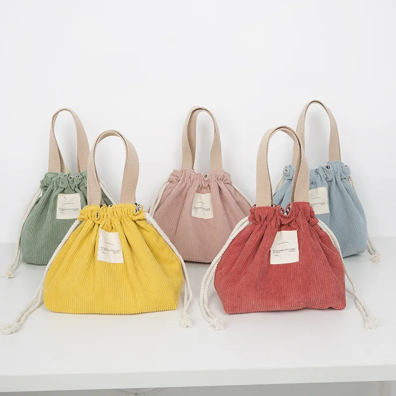 

Drawstring Corduroy Portable Lunch Bag Japanese Lunch Box Bag Solid Color Canvas Women Small Eco Tote Handbag Picnic Food Bags