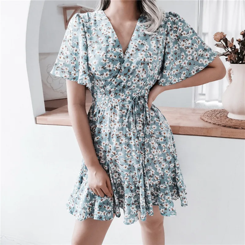 

Women Dresses Summer 2022 Sexy V Neck Floral Print Boho Beach Dress Ruffle Short Sleeve A Line Mini Dress Wrap Sundress Robe