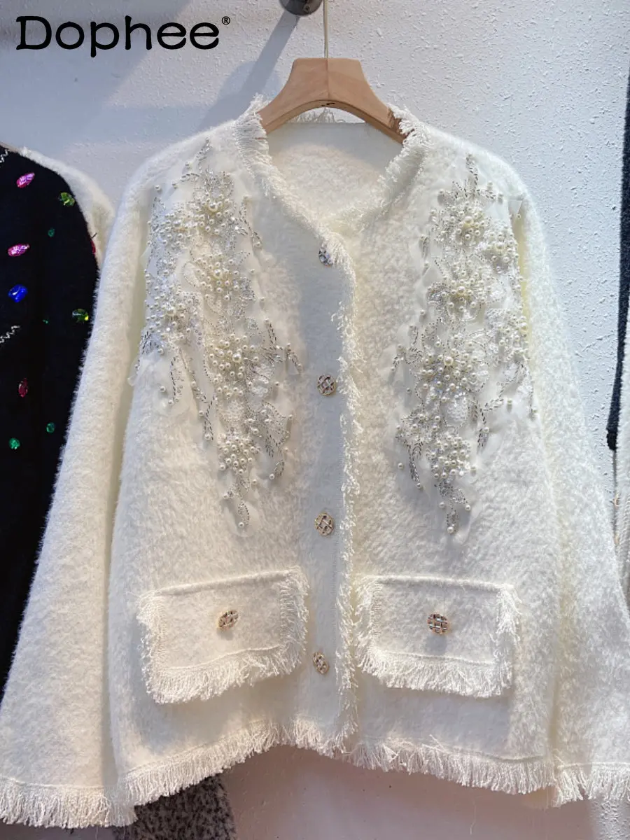 

Rhinestone Beaded Tassels Single-Breasted Warm Mink Fur Sweater Coat Women Autumn Winter Round Neck Long Sleeve Cardigan Jacket