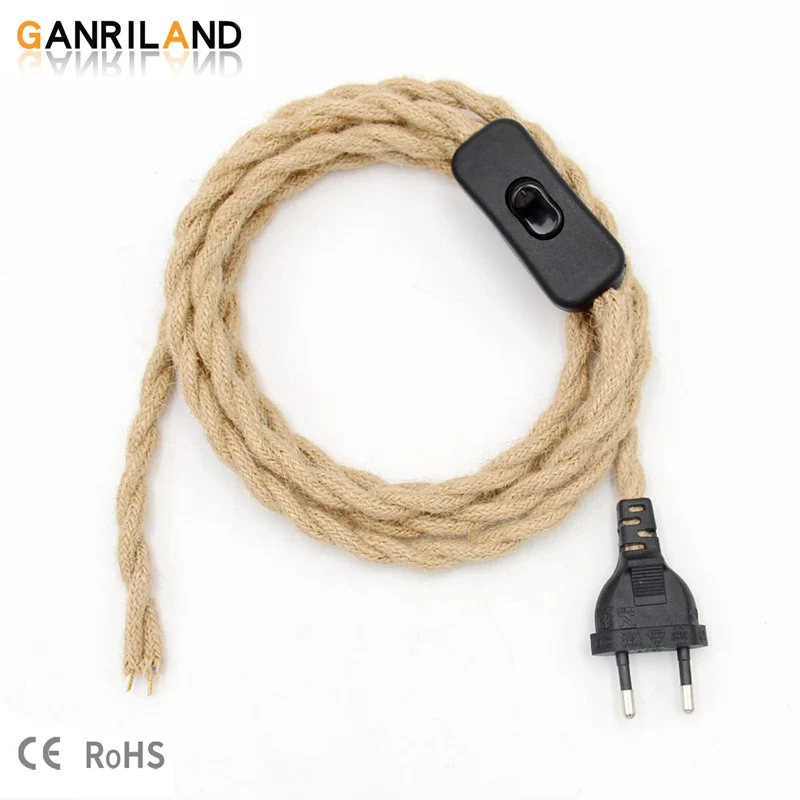 

GANRILAND EU Plug Twisted Hemp Rope Power Cord Retro E27 Lamp Base Socket Cable 2/3 Meters Twine Switch Wire For Lighting Decor