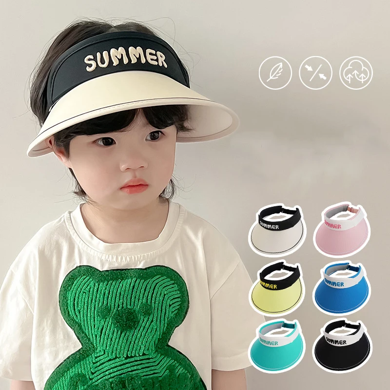 

Summer Children Sun Cap Fashion Letter SunShade Hats for Boys Girls Empty Top Baseball Caps Big Brim Kids Hat Korean Style Gifts