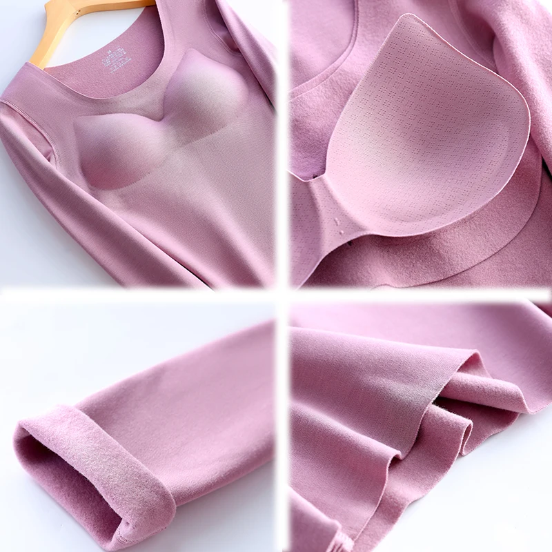 Autumn Winter Velvet Latex Cup One-piece Women Thermal Underwear Plus Velvet Thick Top Round Collar Long-sleeved Clothes