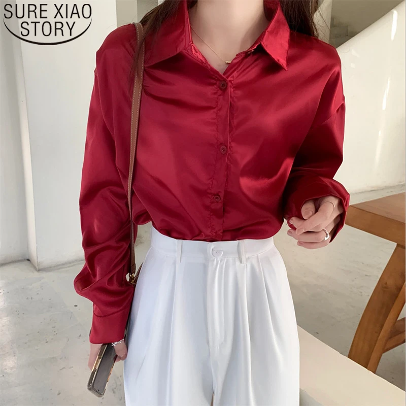 

Винтажная свободная атласная блузка с отложным воротником, Зеленая Шелковая Рубашка с длинным рукавом, Офисная Женская блузка, модные повс...