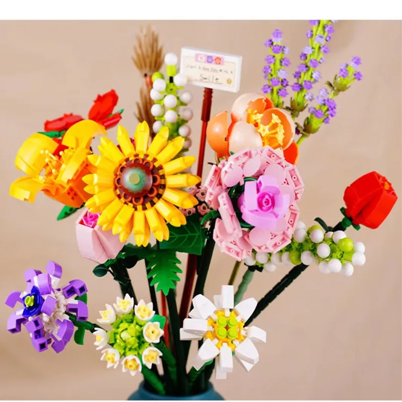 

2022 IN STOCK MOC Trend Romantic Rose Flowers Bouquet Building Blocks Compatible Valentine's Day Gift For Girlfriend Toys