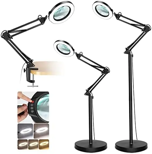 

Magnifying Glass with Light and Stand, Krstlv LED 5 Color Modes, Stepless Dimmable Magnifying Floor Lamp, 3-in-1 Adjustable Swin