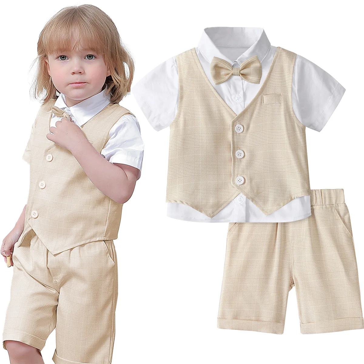 

Baby Boy Suit Set Wedding Infant Birthday Party Costume Kids Ceremony Outfit Gentleman Short Sleeve Shirt+Shorts+Vest 3PCS